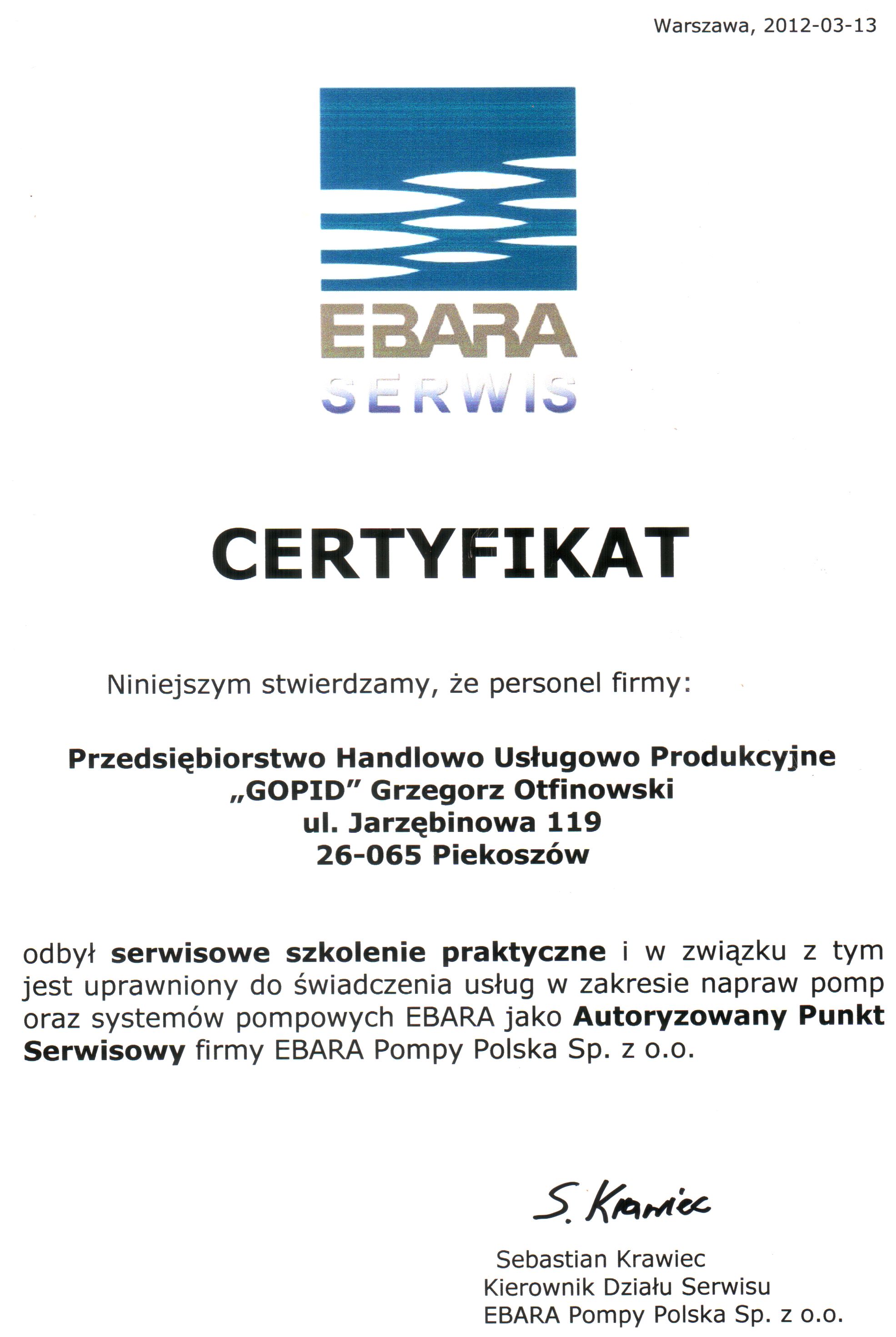 Certyfikat Ebara